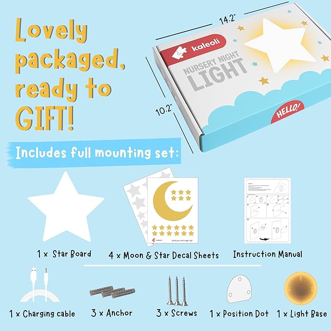 Nursery Night Light – Dimmable Star Wall Light for Newborns & Toddlers Nursery Decor – Rechargeable LED Light with Touch Control for Kids' Safety (Moon & Stars Decals Included)