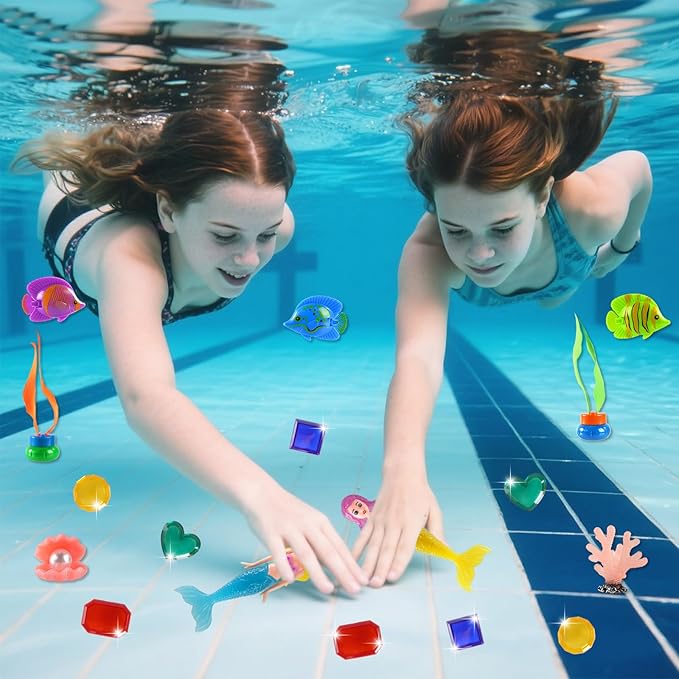 Diving Pool Toys for Kids Ages 4-12, 27 Pcs Mermaid Pool Toys with Gem Pirate Treasure and Chestand Storage Bag, Swimming Training Game Toy Summer Beach Party Gifts for Boys Girls Toddlers