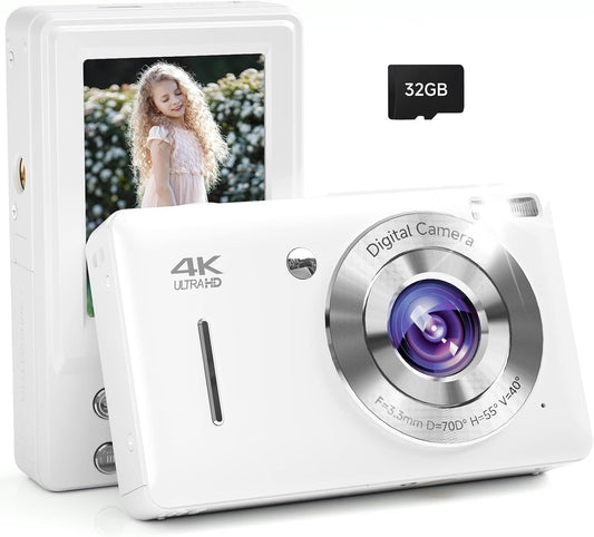 Digital Camera, 44MP FHD 1080P Camera for Kid with 16X Zoom Anti Shake, Compact Small Camera with 32GB SD Card, Digital Camera for Teens for Teens Girls Kids Adults(White)