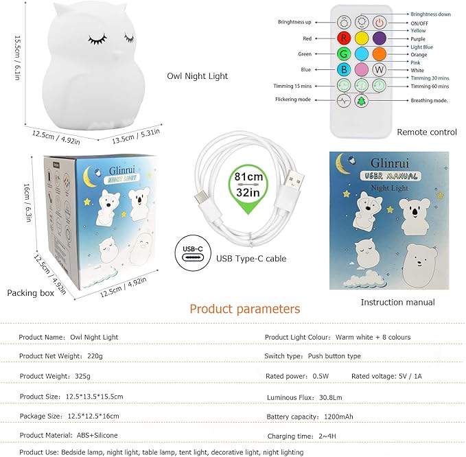 Large Owl Night Lights for Kids LED Nursery Lamp Children's Room Moon Bedside Lamp, Changeable Brightness & Color Child Table Night-Light, Lighting for Travel and Camping Child Gift - Large