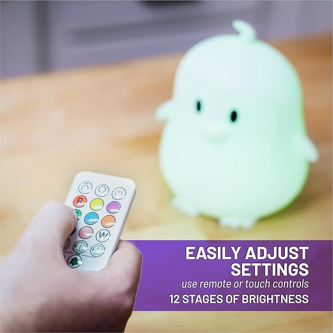 Lumipets Remote Control Silicone Night Light for Kids - Penguin Design with 9 Soft Colors & Sleep Timer - Rechargeable, Battery-Operated Lamp for Bedroom | Baby Nursery, Toddler, Girls, Boys