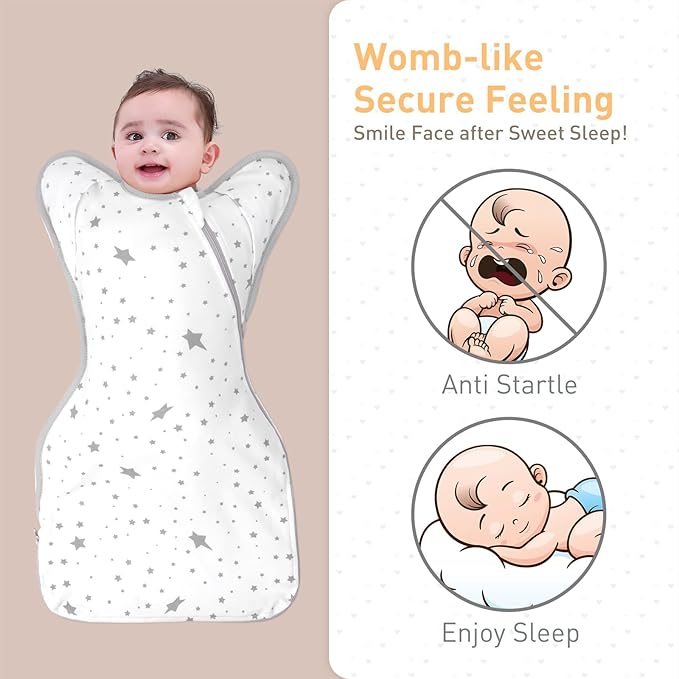 Premium Soft Cotton Swaddle Blanket Sleep Sack Arms Up Design 2 Packs 3-6 Months, Hands Up 3-Way Transitions to Arms-Free Wearable Sleeping Sack Bag for Baby Boys Girls Snug Fit Calms Startle Reflex