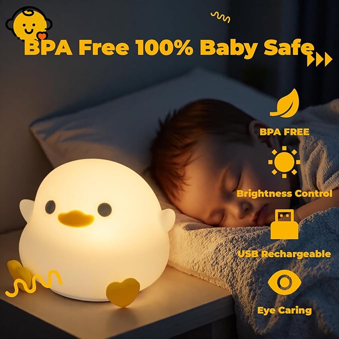 LED Squishy Animal Night Light - 2 Level Dimmable Nursery Lamp for Kids, Rechargeable Touch Lamp, Cute Dorm Decor - Perfect Baby Boys Girls Gift (Pea Duck)