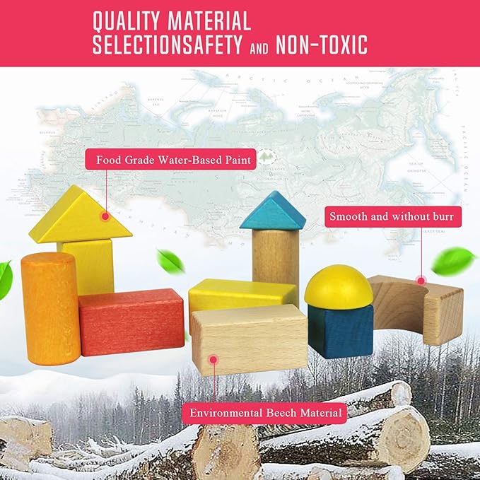 Migargle Wooden Building Blocks Set for Kids - Rainbow Stacker Stacking Game Construction Toys Set Preschool Colorful Learning Educational Toys - Geometry Wooden Blocks for Boys & Girls