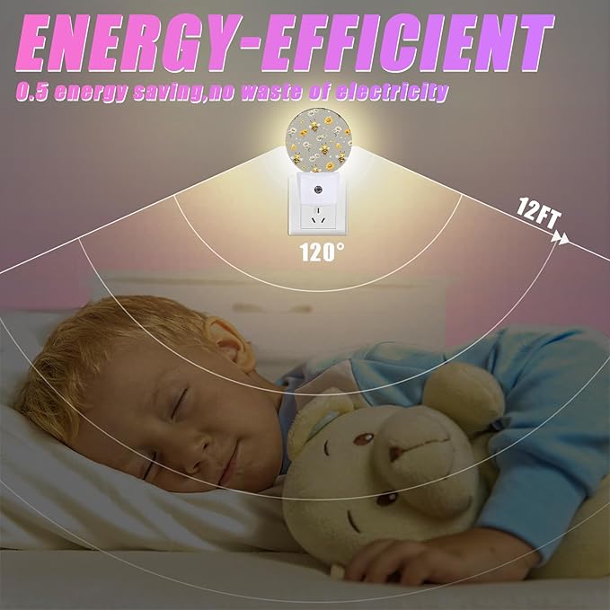 Cute Bee Night Light Daisy Flower Night Lights LED Lamp Round Plug into Wall Nightlight with Dusk to Dawn Sensor Home Hallway Stairway Kitchen Decor