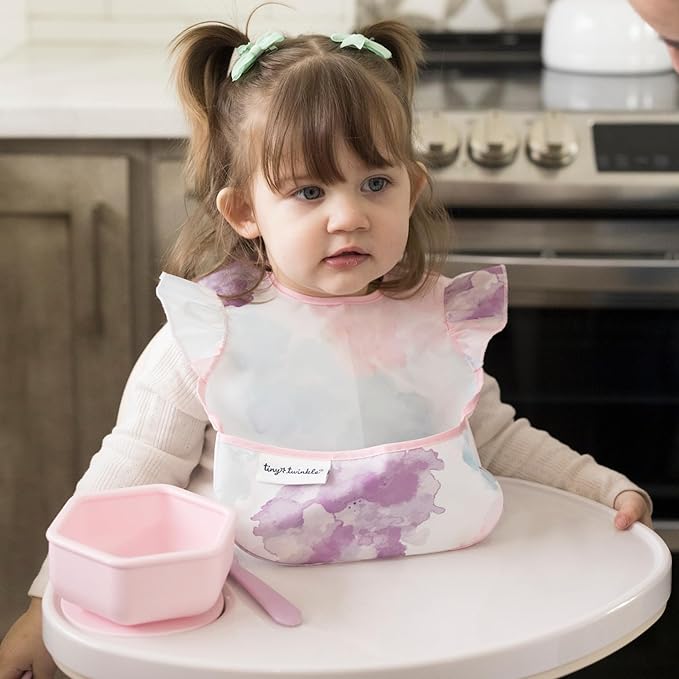 Tiny Twinkle Short Sleeve Apron Baby & Toddler Bib for Girls – Waterproof, Mess-Proof Bibs for Eating & Feeding, Machine Washable,Perfect Holiday Gift (Cotton Candy, 6–24M)