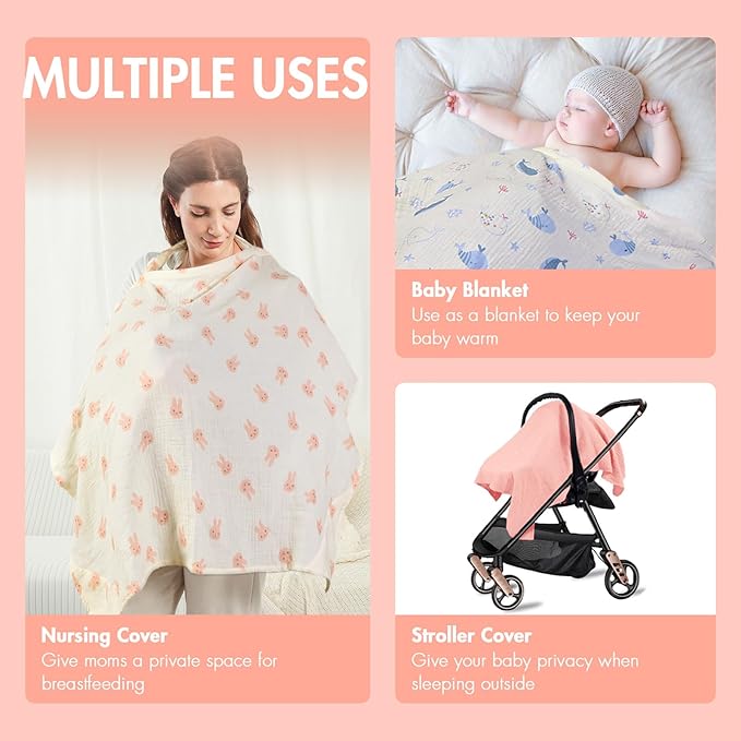 2-Pack Nursing Covers for Breastfeeding - Lightweight, Breathable Baby Breastfeeding Covers with Arch Neckline & Adjustable Straps, Pink & Bunny Design, Privacy Nursing Cover for Women