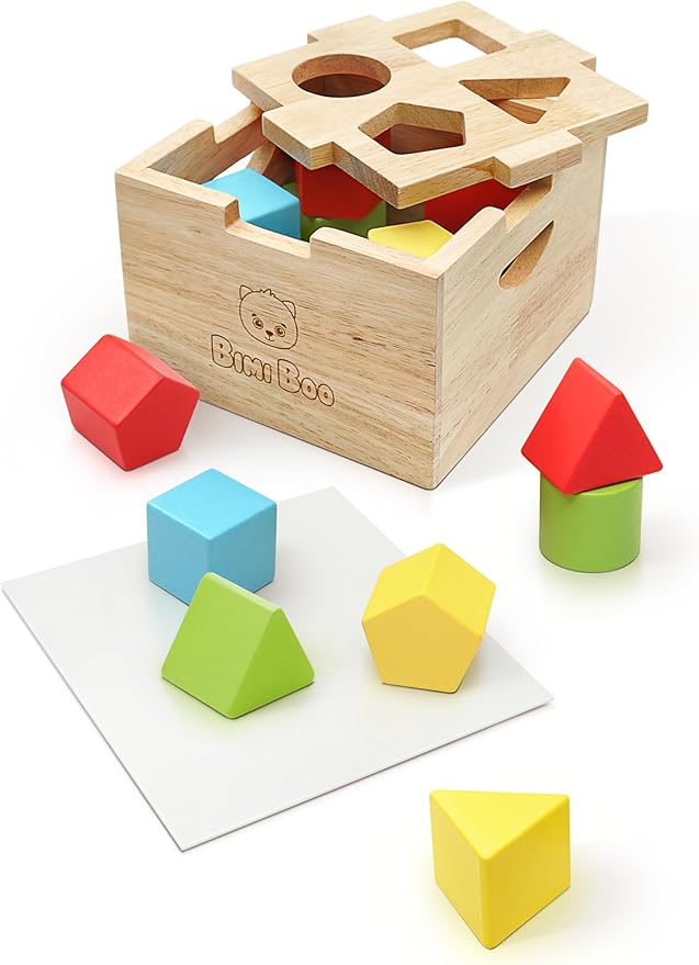 Bimi Boo Wooden Shape Sorter Toy for Babies - Premium Simple Sorting Box with Noise-Reducing Silicone Pad - Classic Montessori Toy for Toddlers (8 Various Blocks, 1 Box, 1 Silicone Pad)