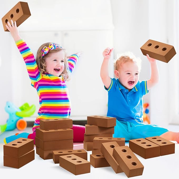 Deekin 20 Pcs Foam Brick Building Blocks for Kids Thick Blocks Foam Large Fake Brick Construction Toy for Stacking Construction, 8 x 4 x 2.4 in (Circle Holes)