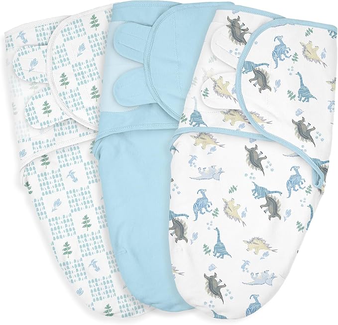 Baby Swaddle Sacks, 3-Pack Newborn Organic Cotton Swaddle Wrap, Adjustable Swaddling Blankets, Nursery Swaddling Essentials for Newborn 0-3 Months, Infant Shower Items Gift (Dinosaur & Forest)