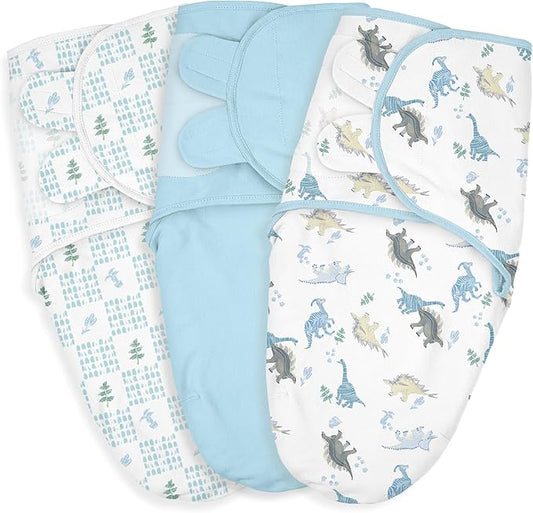 Baby Swaddle Sacks, 3-Pack Newborn Organic Cotton Swaddle Wrap, Adjustable Swaddling Blankets, Nursery Swaddling Essentials for Newborn 0-3 Months, Infant Shower Items Gift (Dinosaur & Forest)