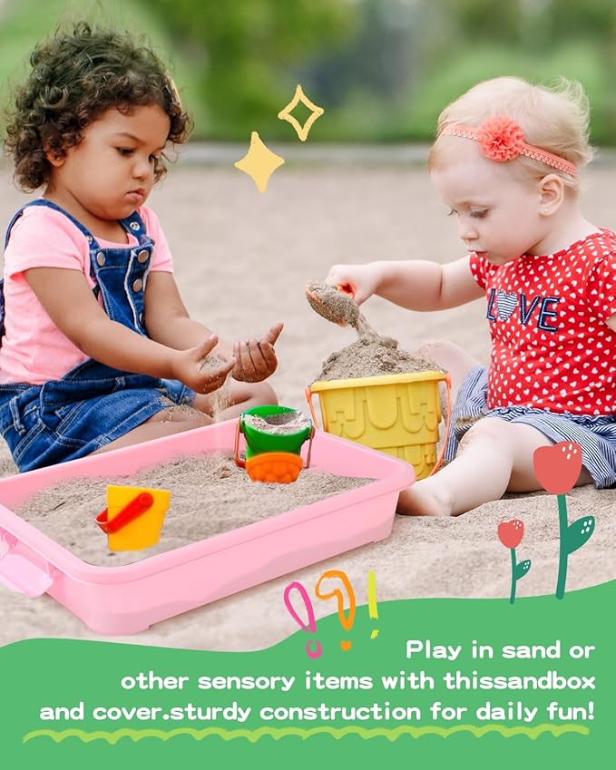 Sensory Bin Sand Tray with Lid for Toddlers 2 Pcs 15in Portable Sandbox Toy Large Plastic Tray for Kids 3 4 5 6 Fill with Sand, Water, Beads, and More (Pink + Blue)
