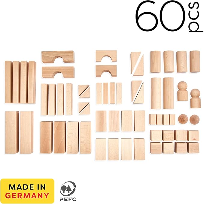 HABA Wooden Building Blocks 60 Piece Set, Ideal Toddler Blocks for Ages 2-4 & Kids Stacking Toys for Ages 1 and Up for Open-Ended Play, Made in Germany