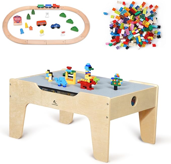 Kid's All-in-One Activity Play Table with 290 Building Bricks and 30-Piece Wooden Train Set Railway,Cars,Track and Accessories for Toddlers Boys and Girls Children's Toy Playset Game Desk