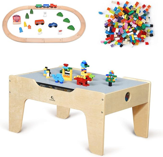 Kid's All-in-One Activity Play Table with 290 Building Bricks and 30-Piece Wooden Train Set Railway,Cars,Track and Accessories for Toddlers Boys and Girls Children's Toy Playset Game Desk