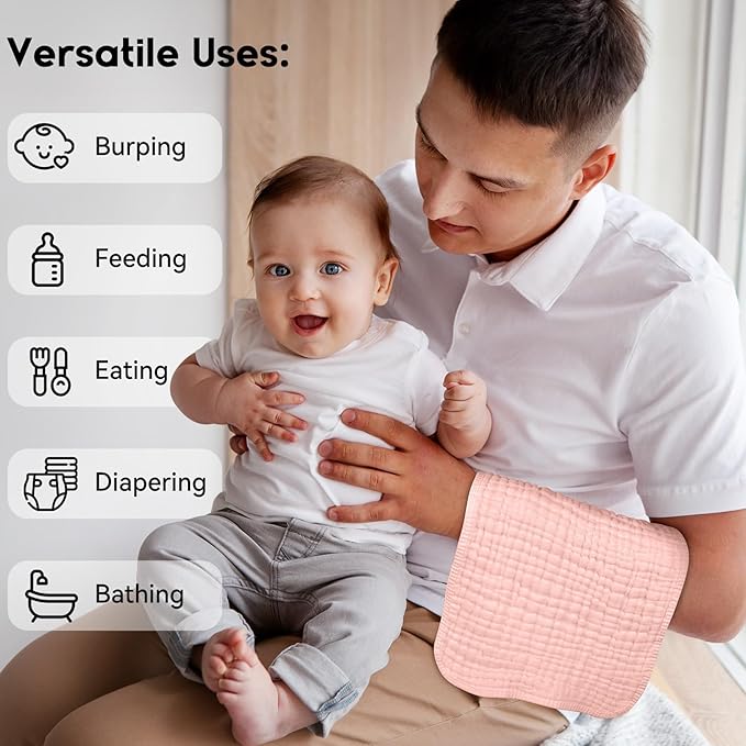 Muslin Burp Cloths for Baby 100% Cotton Burping Cloths for Boys Girls Large 20''X10'' Extra Soft and Absorbent 12 Pack - Flesh Pink