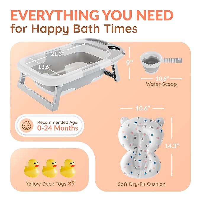 Collapsible Bathtub Baby for Infants & Newborns w/Thermometer, Drain Plug with Heat Sensor & Scoop – Compact Travel Baby Bath Space-Saving Bath for Travel, Shower & Small Bathrooms