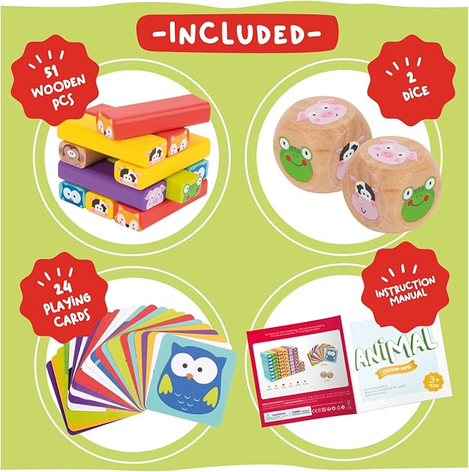 Nene Toys Wooden Tumble Tower Game with Animals & Colors, 4-in-1 Educational Family Board Game for Kids Ages 3-9, Creativity & Cognitive Skills Booster - Gift for Boys Girls 3+ Years