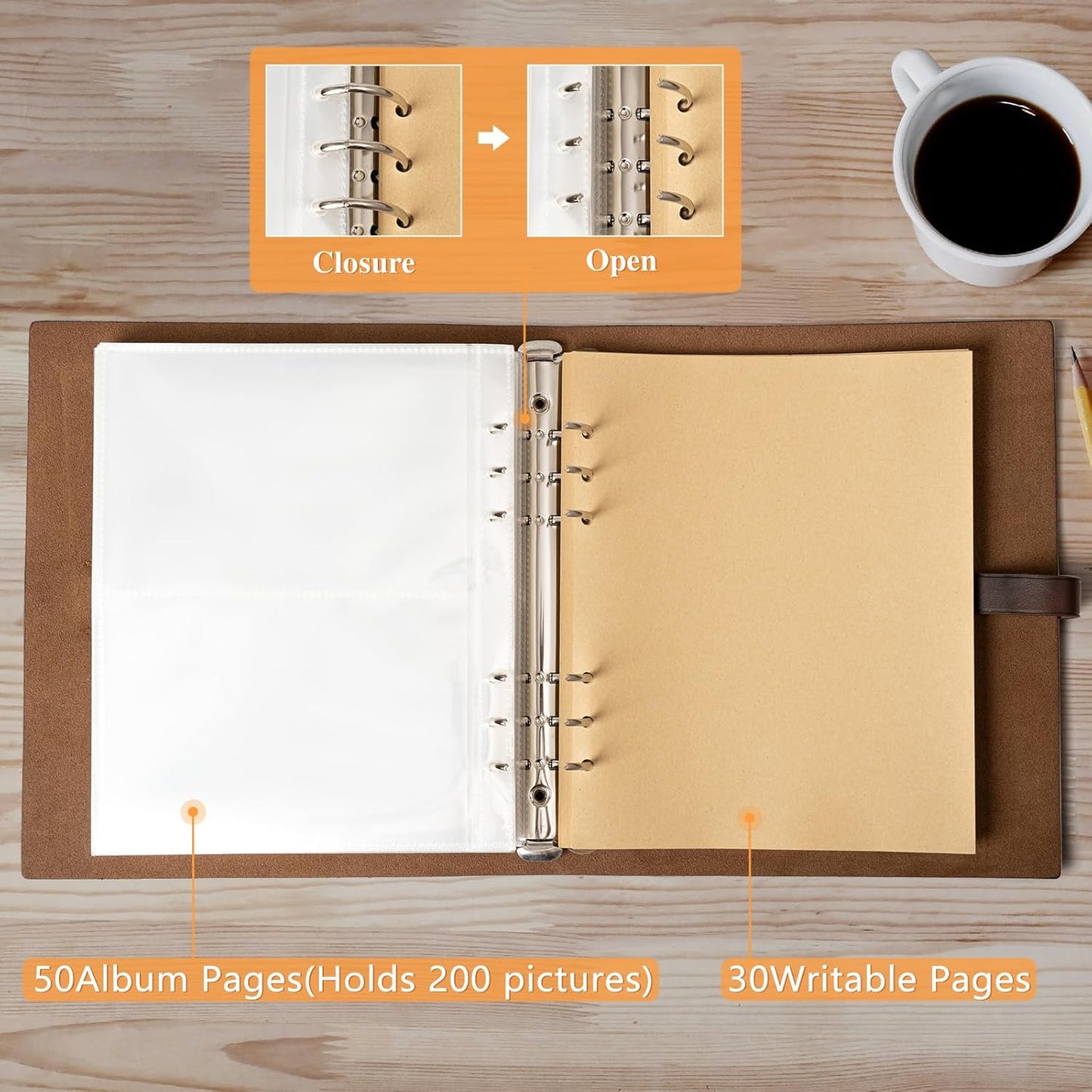 Photo Album 4x6 200 Photos, Genuine Leather Photo Albums with Writing Space with 30 Writing Paper, Travel Family Wedding Kids Graduation Ultrasound Baby Picture Album Scrapbook Photo Album Hold Hands