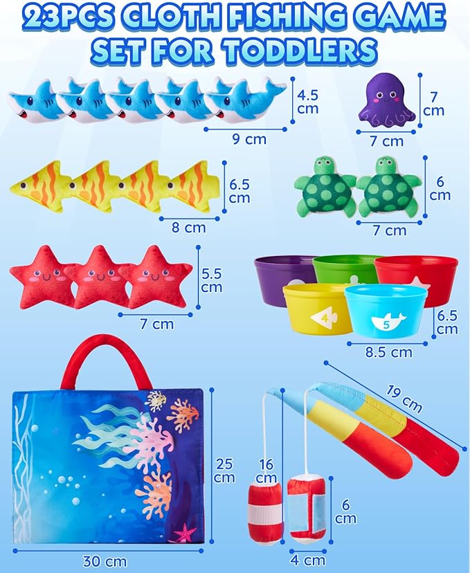 Montessori Toys for 1 Year Old: 10 In 1 Cloth Fishing Game Set with 5 Diverse Fish, 23pcs Stacking Toy Educational Learning Toy for 1 2 3 Years Old Toddler Toys Baby Boys Girls Birthday Gifts