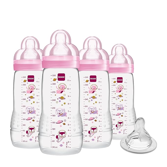 MAM Easy Active Baby Bottles 11oz w/Bonus Fast Flow Skinsoft Silicone Nipple - Wide Neck Ergonomic Design, Easy-Hold BPA-Free Construction, Leak-Proof Caps for 4+ Months, Girl (Pack of 6)