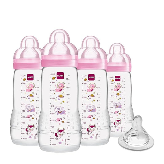 MAM Easy Active Baby Bottles 11oz w/Bonus Fast Flow Skinsoft Silicone Nipple - Wide Neck Ergonomic Design, Easy-Hold BPA-Free Construction, Leak-Proof Caps for 4+ Months, Girl (Pack of 6)