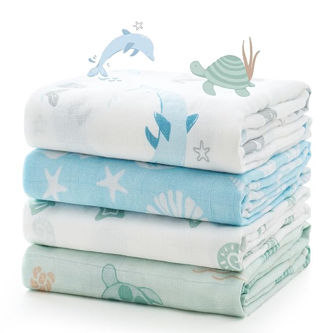 Momcozy Muslin Swaddle Blankets, Ultra Soft Neutral Registry Essentials, Marine Sea Sprite Magic, Breathable Large 47'' x 47'' Newborn Boys Girls Receiving Blanket