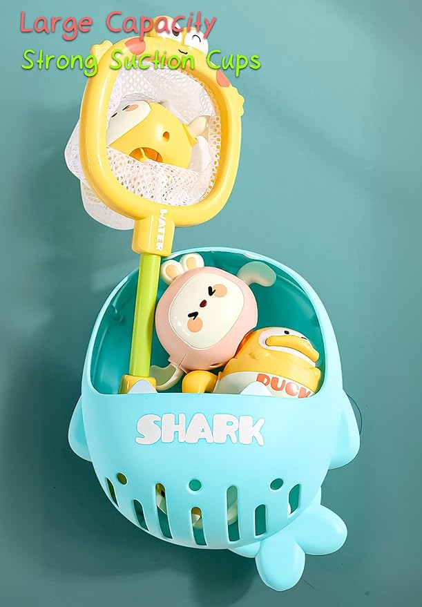 Adorable Frog Fishing Net Toy with 1 Wind-up Duck, 1 Windup Rabbit, Shark Storage Box for Kids Bath Time Fun, Perfect for Babies and Toddlers (Yellow)