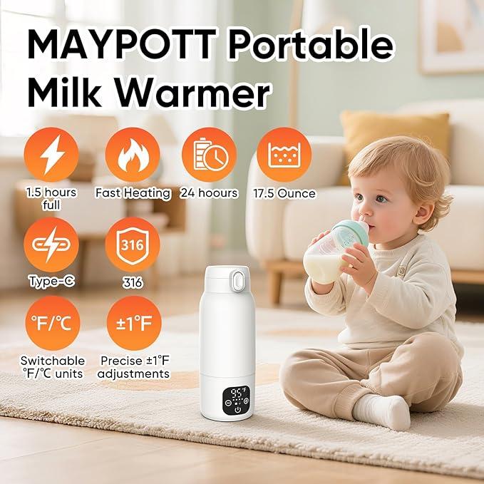 Bottle Warmer, Maypott Portable Fast Heating Bottle Warmer for Breast Milk, Formula, Water, 17.5 Ounce Large Capacity & Long Battery Life for All-Day Feeding, Milk Warmer On The Go, Travel Essentials