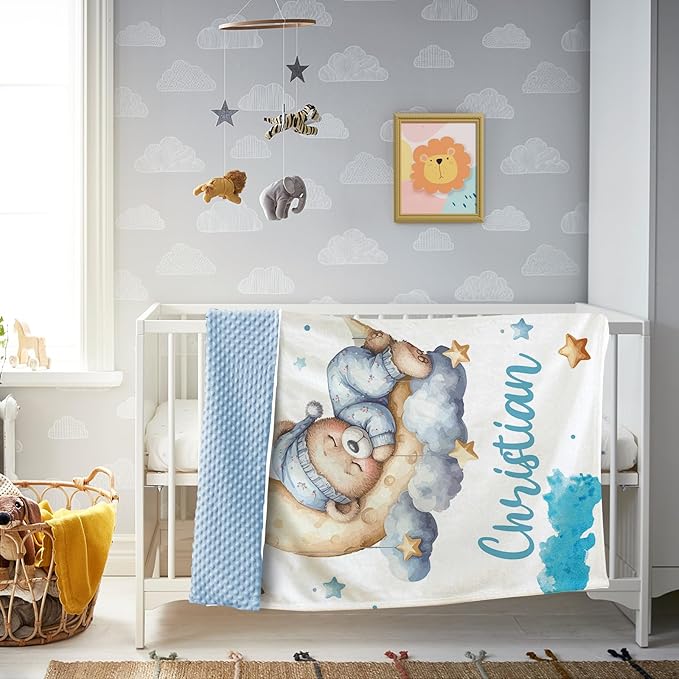 Customized Baby Blanket, Personalized Newborn Blankets with Name, Soft Receiving Blanket for Boys Girls, Blue Bear Double Layer Dotted Swaddle, Nursery Toddler Baby Shower Infant Gifts(30"x40")