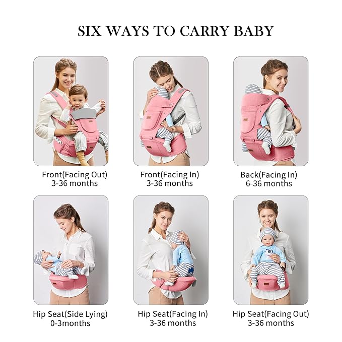 Baby Carrier with Hip Seat, Baby Carrier Newborn to Toddler, 6-in-1 Ways to Carry, All Seasons, Adjustable Baby Holder Carrier for Breastfeeding(Pink)