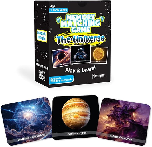Menique Universe Memory Matching Game – 60 Cards (30 Pairs) – Bilingual Space Game with Planets, Stars & More – Educational for Kids and Adults