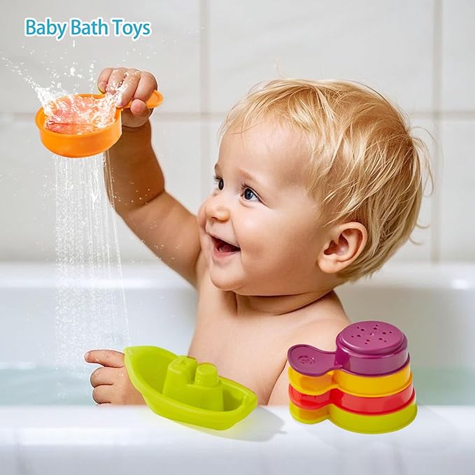 Baby Bath Toys for Kids Ages 1-3, 11PCS Mold Free Bath Toys for Toddlers with Floating Boats and Spoons, Baby & Toddler Bathtub Water Table Pool Sand Play Toys for Christmas Stocking Stuffers