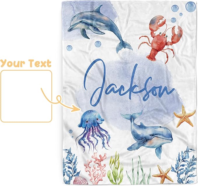 Custom Sea Animals Baby Blanket with Name, Personalized Baby Name Blanket for Toddler Infant, Double Layer Receiving Swaddle, Customized Gifts for Newborn Shower Birthday Expect Mom(47"x60")