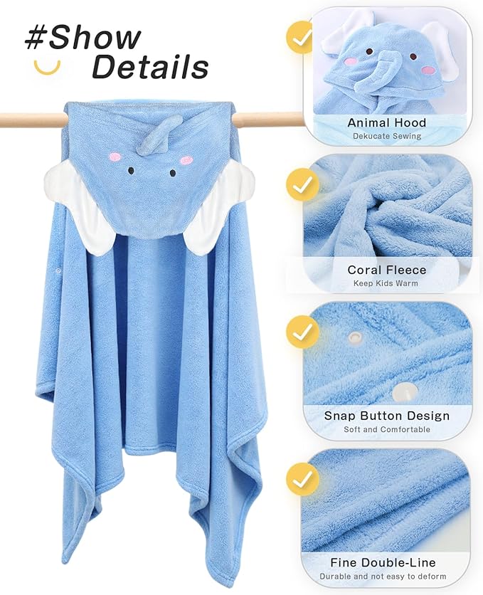 ROMASA Baby Bath Towel with Hooded Ultra Soft and Absorbent Toddlers Bathrobe Newborn Blanket Shower Gifts (Blue Elephant)