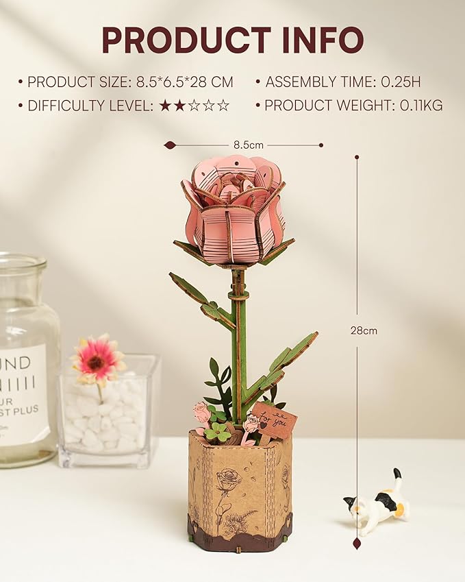 3D Flower Wooden Puzzles for Adults-Pink Rose, DIY Wooden Flowers Model Kit Building Set Crafts for Adults to Build, Botanical Collection/Ideal Creative Gift Ideas/Housewarming (104PCS)