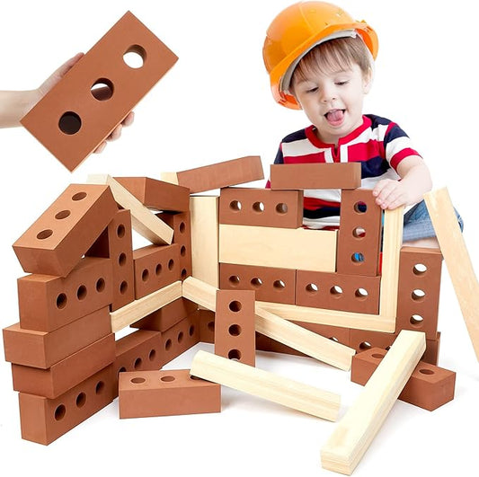 Deekin 25 Pcs Foam Brick Building Blocks and 12 Pcs Wooden Beam Foam Thick Cinder Blocks Large Fake Brick Builders Set for Construction and Stacking(Red)