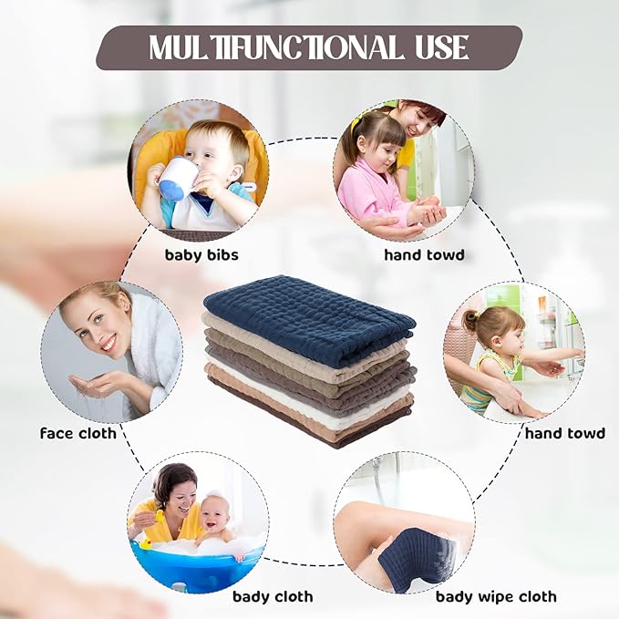 8 Packs Muslin Burp Cloths 6 Layers Unisex Baby Items Absorbent Burp Rags Colorful Muslin Washcloths for Baby Plain Soft Cotton Cloth for Babies Girls Boys, 10 x 20 Inch (Warm Colors)