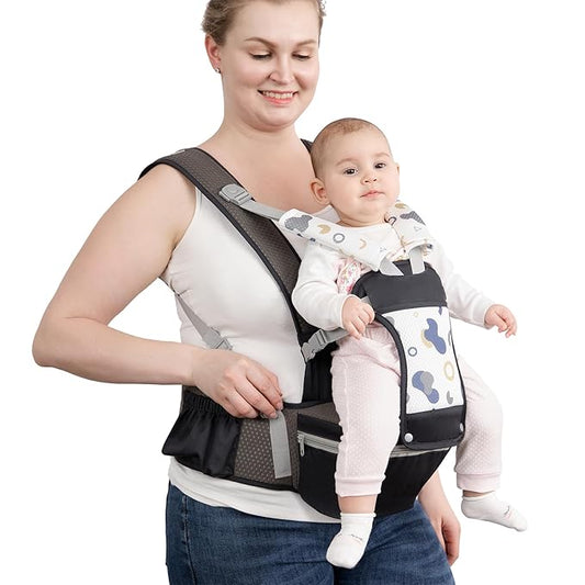 Baby Carrier with Hip Seat for Newborn to Toddler, 6-in-1 Ergonomic Infant Carrier for 0-36 Month Baby, All Positions Soft Breathable Mesh Wrap Carrier with Waist Stool, Baby Holder-Grey Print