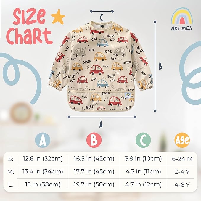 ARI MES Long Sleeves Waterproof Baby Bibs for Eating - Blue, Small - Wearable, Coverall for Toddler, Long Sleeve Bib, Smock for Toddler, Apron for Feeding - Applicable for 6-72 Months