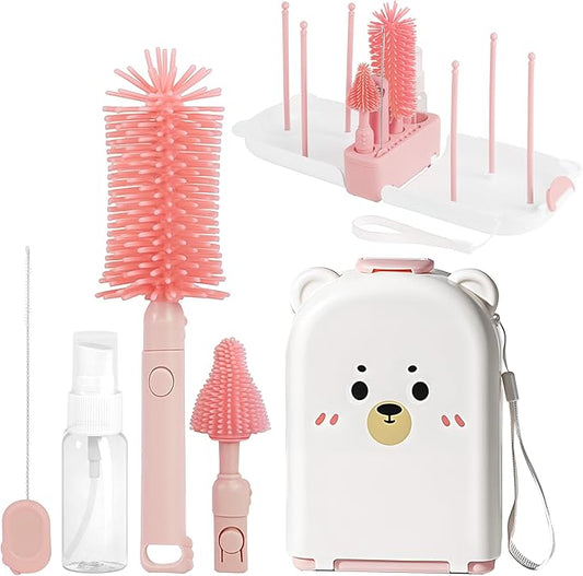 Travel Baby Bottle Cleaning Kit, Including Pacifier Cleaner and Straw Brush, Detachable Head for Easy Cleaning, Baby Travel Essential