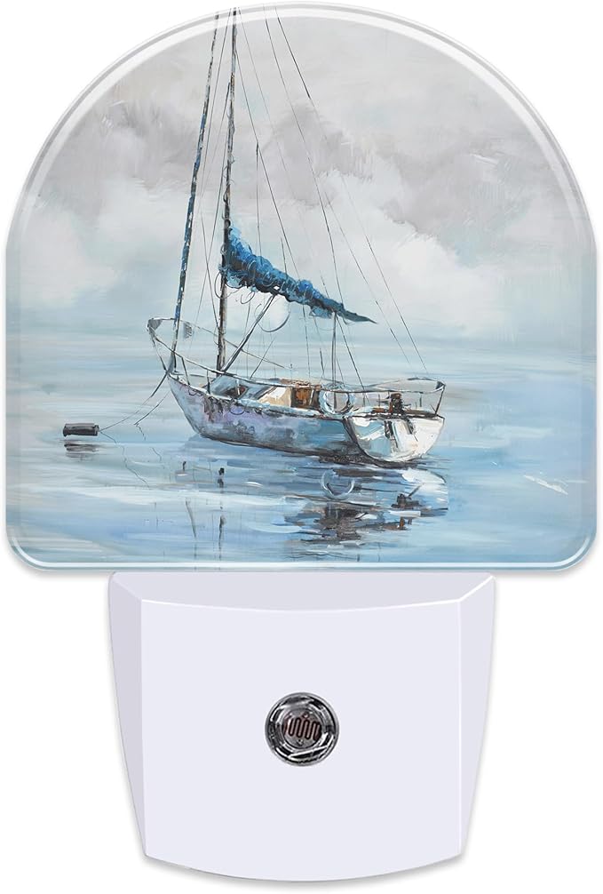 Blue Sailboat in Harbor Night Light Plug into Wall, Boat Ocean Oil Painting Dusk to Dawn Night Light Plug in,0.5w Energy Saving Sleep Friendly NightLight for Kids Boys Girls Home Decor