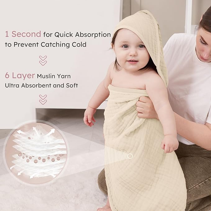 Looxii Baby Bath Towels 2 Pack Muslin Hooded Baby Towels for Newborn and Infants, 100% Cotton, Large 32x32Inch, Soft and Absorbent Beige+Pink