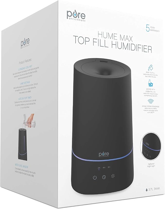 Pure Enrichment HUME Max - Easy Top-Fill Ultrasonic Cool Mist Humidifier, 3.7-L (1 Gallon) Water Tank, 3 Mist Settings, & Auto Shut-Off Timer - Ideal for Large Bedrooms, Nurseries & Dry Areas (Black)
