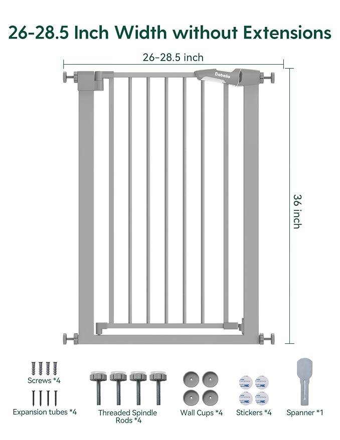 BABELIO 36" Tall Narrow Baby Gate, 26-28.5" Auto-Close Metal Dog Gate for Small Stairs/Doorways/Hallways, NO Drilling Pressure Mounted for Child and Pets, NO Extensions, Gray