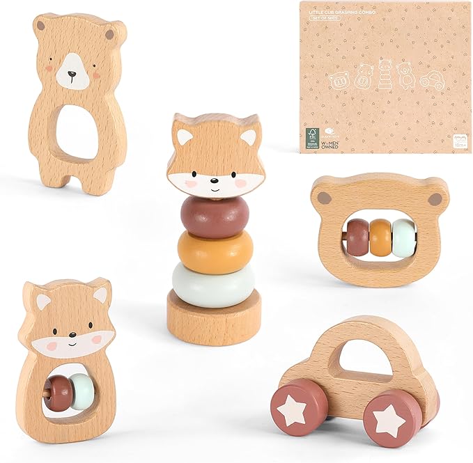 Freniland Wooden Montessori Toys, 5-Piece Wooden Baby Toys, Bear Wooden Baby Rattle, Fox Stacking Ring,Wooden Car Push and Pull Toys, Bear Grasping Toys,Newborn Baby Gift Sets for Boys and Girls