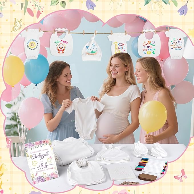 162Pcs Baby Shower Game Decorations Kit with Bibs, Fabric Markers, Wooden Sign, Bodysuits & Tags