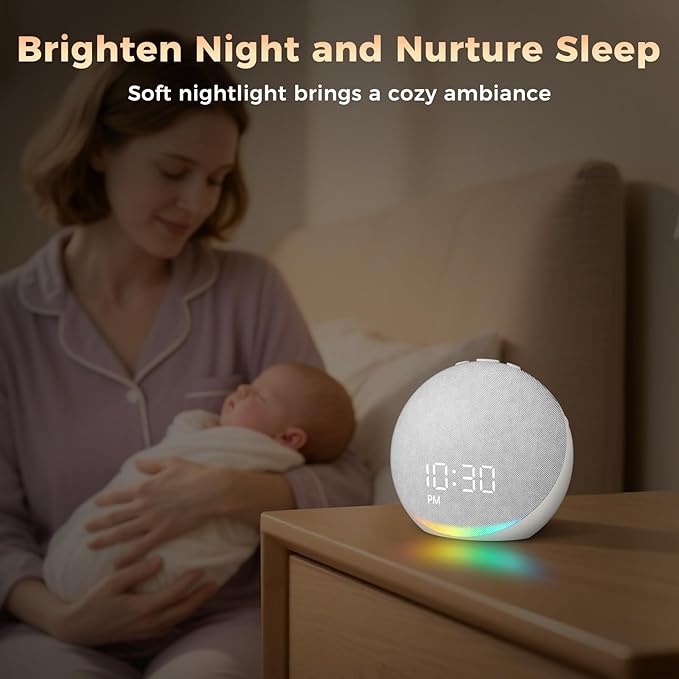 Sound Machine Alarm Clock for Bedroom: 25 Natural Sleep Sounds - White Noise Machine for Adults Kids Baby - Gentle Wake Up Alarm with Bluetooth Speaker - Frost White