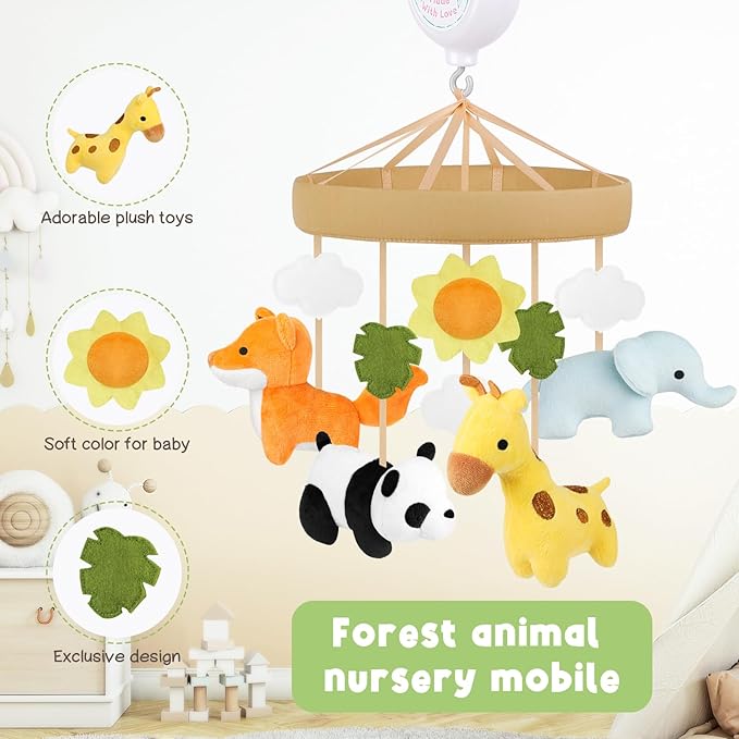 Animals Baby Crib Mobile - Safari Baby Mobile for Crib with 12 Lullabies for Boys & Girls, Nursery Mobiles, Fits Standard Cribs, Forest Nursery Decor