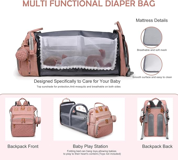 Diaper Bag Backpack with Changing Station, Multifunction Travel Baby Bag, Waterproof Baby Tote, Large Capacity Mommy Bag, Newborn Essentials Backpack Bag, Girls, Pink